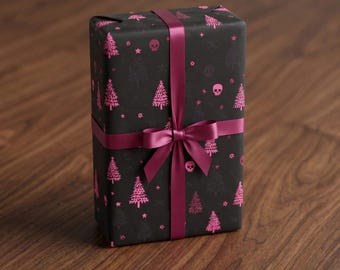 Gothic Christmas Wrapping Paper: Pink Skull Tree Holiday Gift Wrap Punk Dark Spooky Xmas