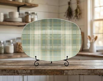 Green Plaid Serving Plate: 10x14 Oval Tray Sage Tartan Check Farmhouse Decor