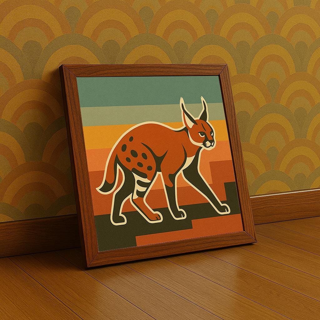 Caracal Art Print: Big Floppa Retro Sunset Stripe Exotic Cat Wall