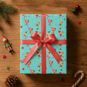 Retro Elf Christmas Wrapping Paper, 1950s Pixie Gift Wrap, Turquoise Kitschy Holiday