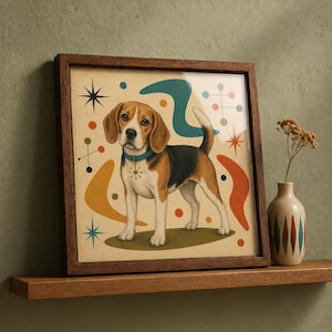 May include: A framed art print featuring a retro-style illustration of a beagle dog. The artwork has a mid-century modern aesthetic with starburst and boomerang shapes in orange, teal, and yellow. The dog wears a blue collar.