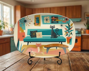 Półmisek w stylu Mid Century Modern – owalna taca do serwowania w stylu retro Cat Art, talerz Atomic Starburst, wystrój kuchni w stylu retro, prezent dla gospodyni na parapetówkę