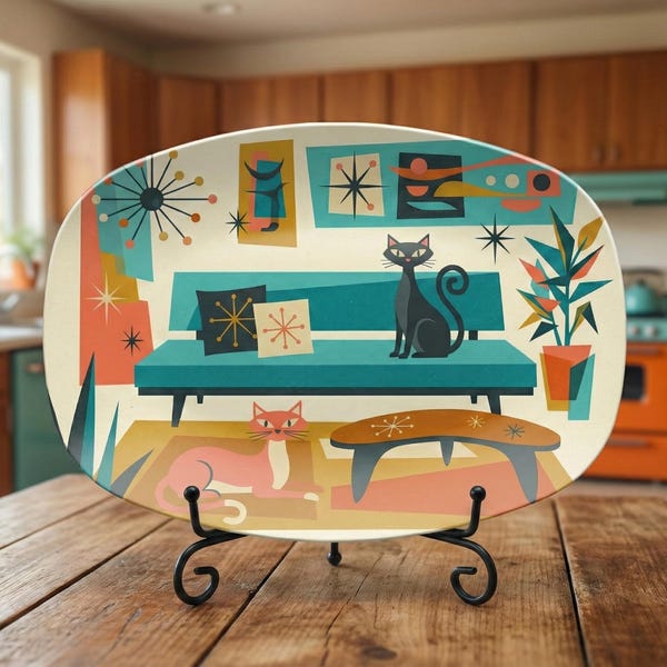 Moderne serveerschaal uit het midden van de eeuw - Retro Cat Art ovaal dienblad, Atomic Starburst-bord, retro keukendecor, cadeau gastvrouw housewarming