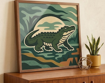Alligator Art Print: Retro Swamp Bayou Southern Wildlife Wall Decor