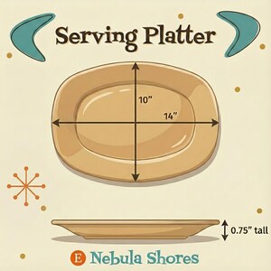 Może przedstawiać: Beżowy p&oacute;łmisek w stylu retro. Owalny talerz ma 35,56 cm długości, 25,4 cm szerokości i 1,91 cm wysokości. Tekst "Serving Platter" znajduje się na g&oacute;rze, a nazwa marki "Nebula Shores" na dole.