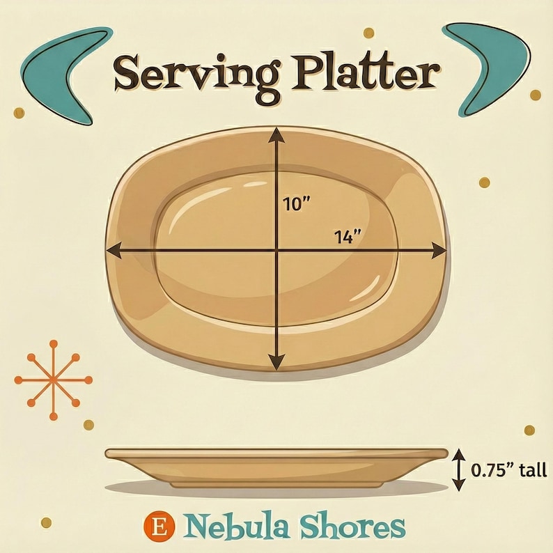 Może przedstawiać: Beżowy p&oacute;łmisek w stylu retro. Owalny talerz ma 35,56 cm długości, 25,4 cm szerokości i 1,91 cm wysokości. Tekst "Serving Platter" znajduje się na g&oacute;rze, a nazwa marki "Nebula Shores" na dole.