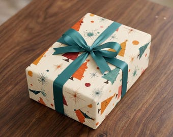 Mid Century Modern Christmas Wrapping Paper: Retro Tree Starburst Holiday Gift Wrap Atomic MCM