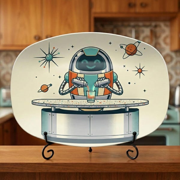 Robotserveerschaal: modern dienblad uit het midden van de eeuw, 10 x 14 atomaire ruimtebardecor