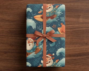 Surfing Santa Christmas Wrapping Paper: Tropical Beach Holiday Gift Wrap for Surfer