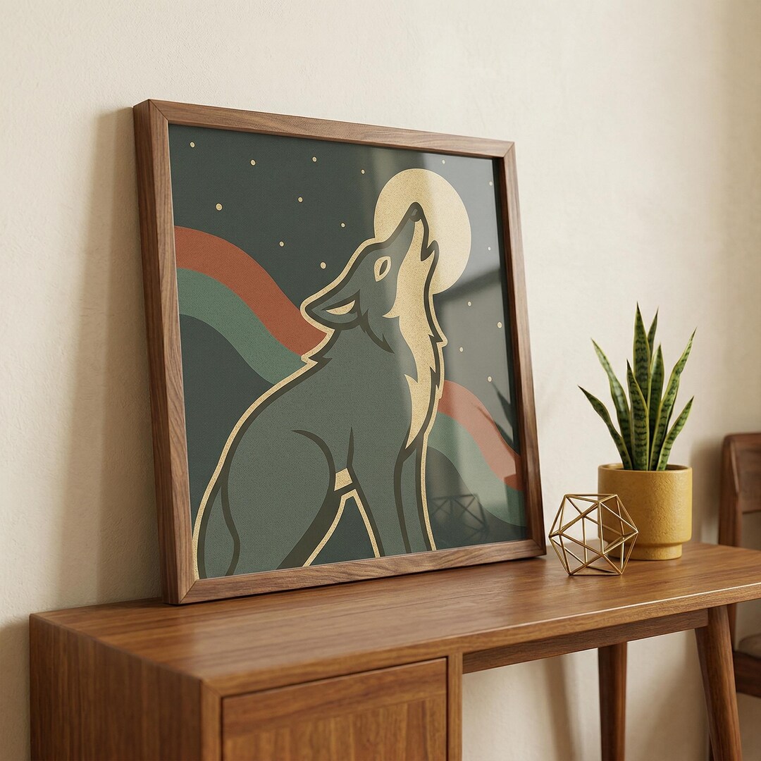 Wolf Art Print: Retro Howling Moon Mountain Boho Wall Decor - Etsy