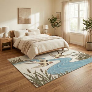 May include: A bedroom scene with a cream rug featuring a nature design. The rug shows swallows flying over a blue river, with green reeds around it. The room includes a bed with cream bedding, wooden bedside tables, and a large window.