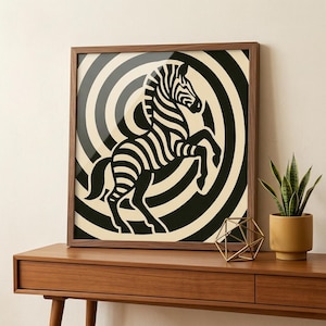 Zebra Art Print: Retro Mod Black White Spiral Safari Wall Decor