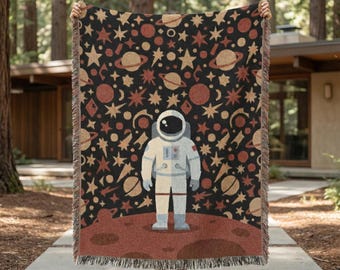 Astronaut Adventure Woven Blanket 100% Cotton, Red Planet Space