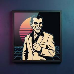 May include: Framed retro-style art print featuring a smiling vampire in a tan suit and black shirt. The background includes a sunset design and a grid pattern, creating a vintage aesthetic. The artwork is in a black frame.