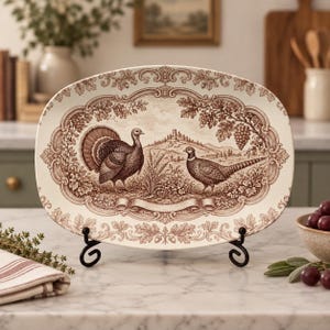 May include: An oval ceramic serving platter featuring a brown transferware pattern on a cream background. The design depicts a turkey and a pheasant in a landscape with a castle, surrounded by an ornate border of oak leaves, acorns, and grapes.