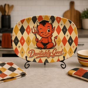 Puede incluir: Una bandeja de servir ovalada con un personaje de diablo de dibujos animados rojo que sostiene un tridente, centrado sobre un fondo de diamantes naranjas, negros y crema con estrellas. El texto "Devilish Good" está en rojo debajo.