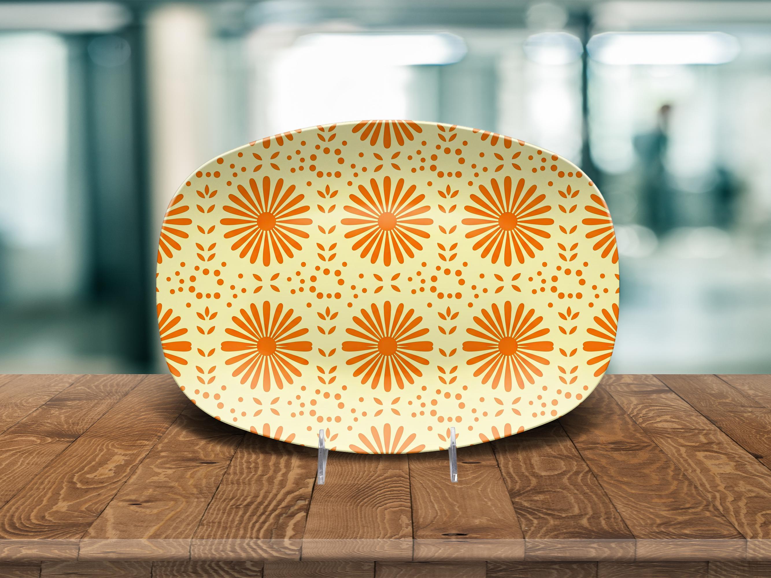 Orange Floral Plate: Vintage Pyrex Inspired Platter 10x14 Retro