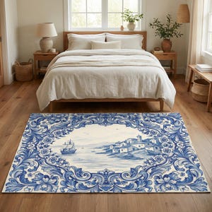 May include: A rectangular rug with a blue and white design. The rug features a central landscape scene of a coastal town and a sailing ship, framed by a detailed floral border. The rug is placed in a bedroom setting.