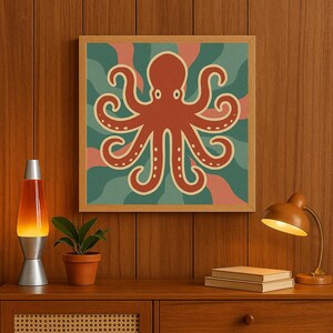 Lámina artística de pulpo retro: decoración de pared bohemia y moderna de los años 70