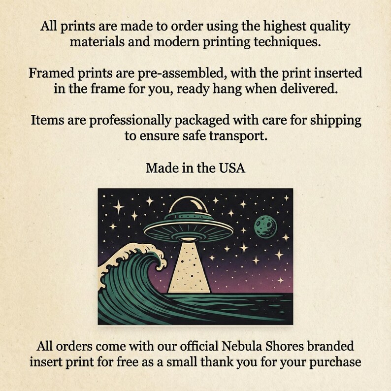 May include: A retro-style print featuring a UFO beaming light onto a teal ocean wave. The background shows a starry night sky with a green planet. The text "Made in the USA" is also visible.