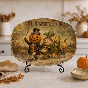 Puede incluir: Un plato decorativo ovalado con el texto "Halloween Frolics" y una ilustración de vegetales antropomórficos, incluyendo una figura con cabeza de calabaza y sombrero de copa, un nabo tamborilero, una mazorca de maíz y una cebolla.