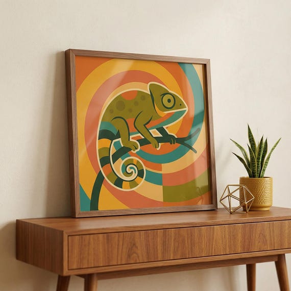 Chameleon Wall Art: Mid Century Modern Print Groovy Reptile Decor