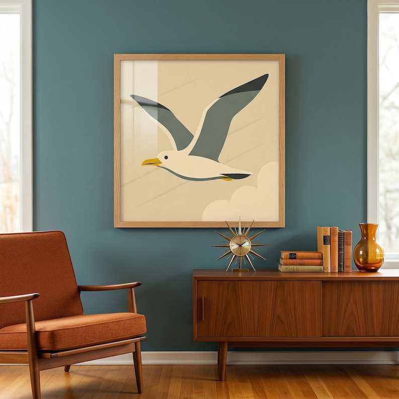 Seagull Wall Art: Mid Century Modern Print Minimalist Coastal Decor Beach House image 2