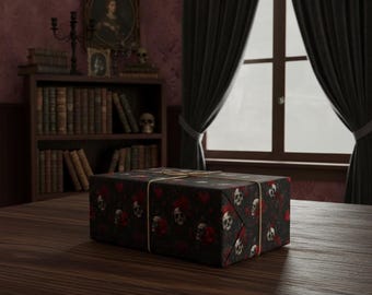 May include: A wrapped gift box on a wooden table. The black wrapping paper features a pattern of white skulls and red roses. The box is tied with twine. The background includes a bookshelf, a window, and dark curtains.