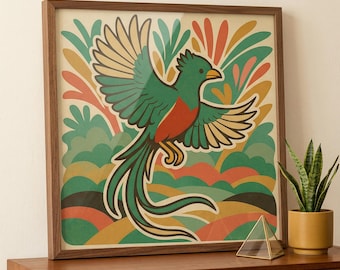 Quetzal Art Print: Retro Folk Art Tropical Bird Guatemala Wall Decor