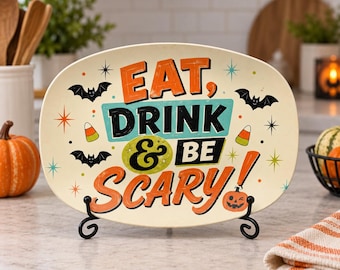 Halloween serveerschaal, retro ovale schaal, 'Eat Drink and Be Scary' keukendecoratie, gastgeschenk in mid-century stijl