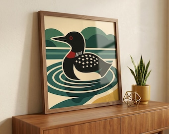 Stampa artistica Loon: Lake House Cabin Minnesota Bird Retro Nature Wall Decor