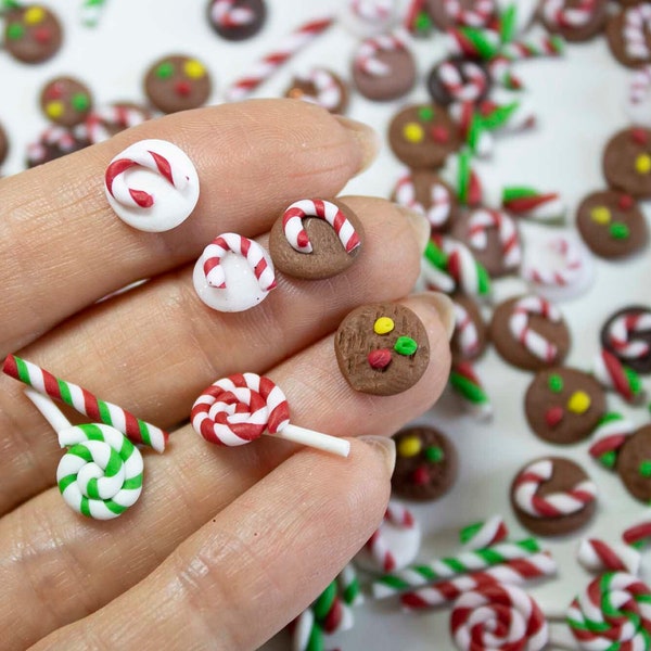 MINIATURE CHRISTMAS SWEETS lot 30 random pieces of cookies, biscuits, lollipops, canes for dollhouse miniatures, cupcakes nail art dollhouse