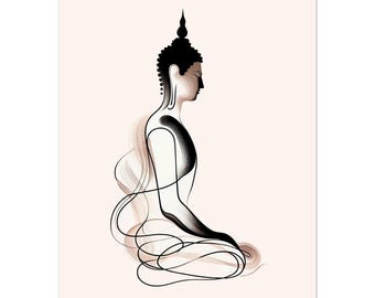 May include: A minimalist art print featuring a seated Buddha figure in a meditative pose. The artwork uses a line-drawing style with black and brown tones against a light background. The Buddha's form is defined by flowing lines.