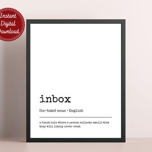Inbox Definition Print - Funny Office Wall Art, Pareto Principle Poster, Home Office Decor, Cubicle Sign, Digital Download