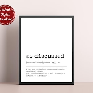 As Discussed Definition Print - Funny Office Wall Art, Pareto Principle Poster, Home Office Decor, Cubicle Sign, Digital Download