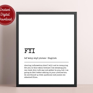 FYI Definition Print - Funny Office Wall Art, Pareto Principle Poster, Home Office Decor, Cubicle Sign, Digital Download