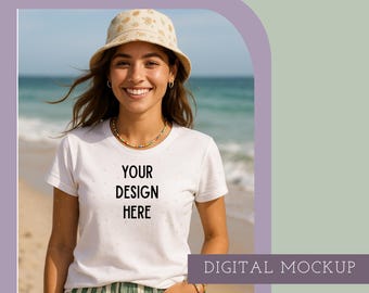 Maqueta de camiseta blanca Bella Canvas 3001 / Estilo de vida playero (Descarga digital)