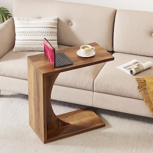 Rustic C-Shaped Side Table for Couch – Small Space Sofa Table Narrow End Table for Living Room Laptop or Coffee Minimalist Wood Accent Table