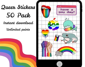50 Queer Pride Stickers: Rainbow LGBTQ+ Planner Stickers (PNG Digital Download)