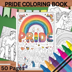 Puede incluir: Un libro para colorear del Orgullo con el texto "PRIDE COLORING BOOK" en la parte superior. La portada presenta un arcoíris, la palabra "PRIDE" en letras coloridas e ilustraciones de personas celebrando. El libro está etiquetado como "50 Pages".