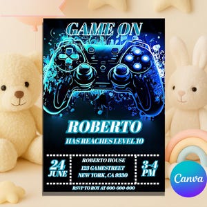 Invitation d'anniversaire de joueur, jeu vidéo modifiable, invitation à une fête, téléchargement numérique pour garçons, niveau 10, jeu sur modèle