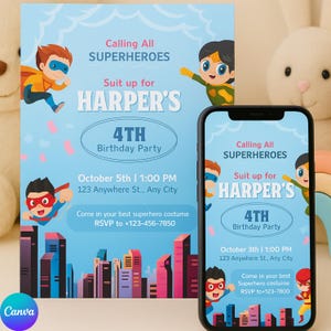 Superhero Birthday Invitation | Editable Digital Download | Kids Party Invite 5x7” + Mobile Version | Boys & Girls Super Hero Theme