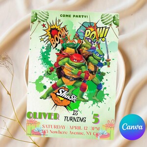Invitation d'anniversaire modifiable de tortues Ninja | Faire-part numérique TMNT | Modèle sur toile Teenage Mutant Ninja Turtles Téléchargement immédiat