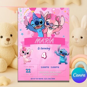 Bearbeitbarer Stich Mädchen einladen | Geburtstagskarte Pink | Vierte Party Leinwand Vorlage