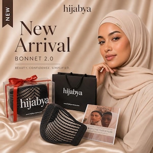 May include: A beige hijab worn by a person, a black mesh bonnet in a clear box with a red ribbon, a black shopping bag with the text hijabya, and a printed guide titled hijabya A Practical Guide to Healthy Strong Hair Care Under Hijab.