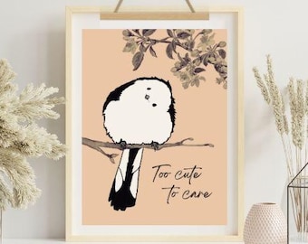 Süße Vogelillustration | Elegante Sepia-Wandkunst – Sofortiger Download zum Ausdrucken – Modernes Dekor – japanischer Vogel – Neutrale Töne