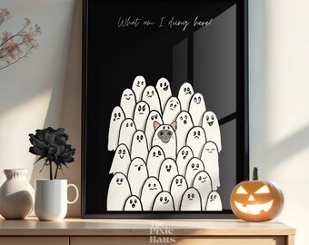Halloween Katzenkunst Geistertreffen | Süße Katze unter Geistern Digitaler Download | Gruselige Halloween Party Home Decor handgezeichnet
