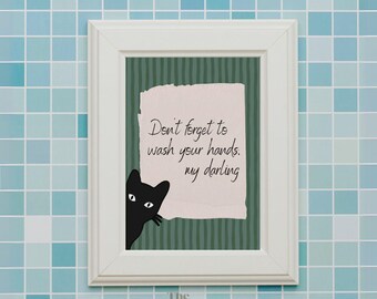 Waschraumschild „Schwarze Katze“ – Verleihen Sie Ihrem Badezimmer mit dieser druckbaren Retro-Kunst in Grün und Schwarz Charme | lustige Katze