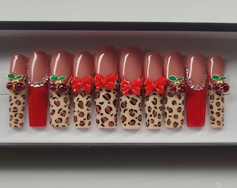 Red Bow Cheetah Nails XXL Square l Melvira Noir Nails
