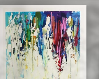 May include: Abstract painting with vibrant colors, including blue, green, red, pink, and white. The painting features a series of vertical lines and strokes, creating a dynamic and energetic composition. The artist's signature, "BY RUTH BECKER", is visible in the bottom right corner.